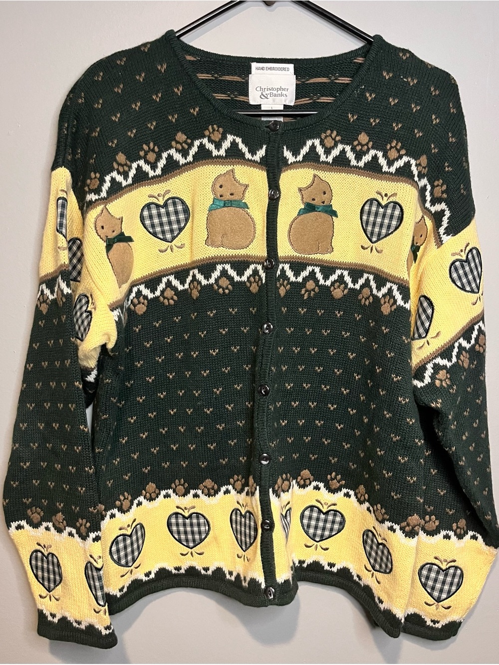 Christopher & Banks Cat Cardigan Sweater Womens L Hand Embroidered Grandma Core